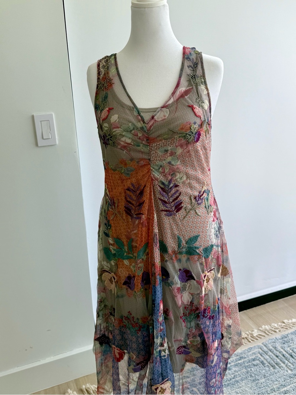 Johnny Was Multicolor Floral Mesh Midi Dress